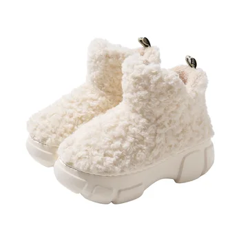 Удебелени плюшени кожени топли домакински ботуши за сняг Памук Дамски чехли Начало Ботуши Прост плътен цвят Зимни пухкави обувки на платформа
