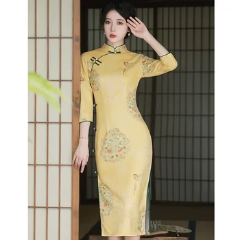 Есен китайски традиционен подобрена рокля дълъг ръкав жълт цвете печат млад ретро Cheongsam Vestidos вечерна рокля Qipao