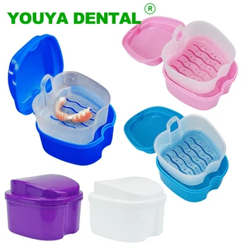 Кутия за вана за протези Почистване на фалшиви зъби Кутия за съхранение с висящ мрежест контейнер Калъф за изкуствен зъб Ортодонтски калъф за задържане