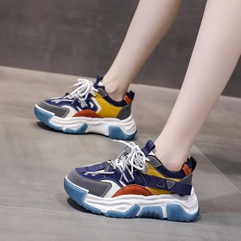 Дамски обувки в продажба 2024 Марка дантела нагоре ежедневни маратонки есен кръг пръсти смесени цветове дишаща дишаща платформа маратонки