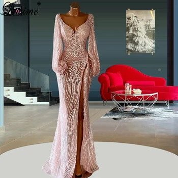 Руж Розови блестящи абитуриентски рокли 2022 Дълги ръкави Официални вечерни рокли за сватба Vestidos De Mujer Скромни годежни рокли