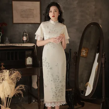 Yourqipao Бял подобрен нов китайски стил Cheongsam 2023 висок клас млади жени дълга секция ханфу пола Qipao вечерни рокли