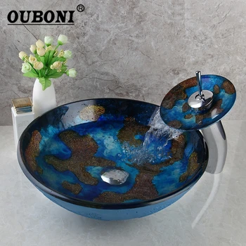 OUBONI Blue Ръчно рисувана мивка за мивка за баня Мивка за баня Мивка за мивка от закалено стъкло Комбиниран комплект смесител Смесител