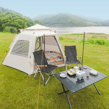  Удебелена къмпинг излет плажна палатка, дъждоустойчива и UV устойчива, 2 врати, 4 прозореца, двоен човек, ултра лека, шестоъгълна палатка