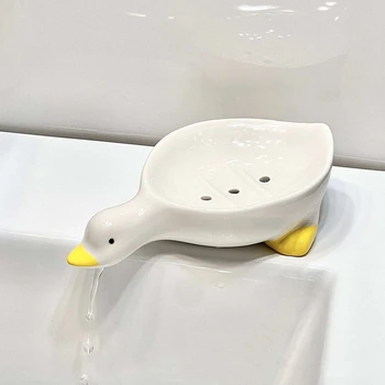 2Pcs керамична сапунена чиния с дренаж бяла сладка животинска сапунена чиния Самоизточващ керамичен държач за сапун за душ баня