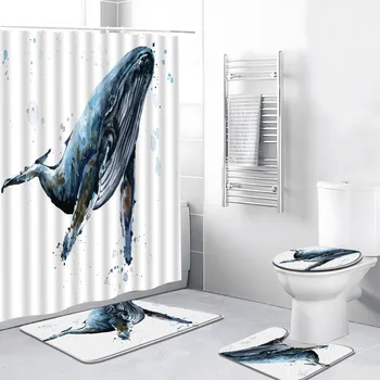 4pcs/Комплект карикатура душ завеса океан морски животни син кит риба детска стая акварел баня декор баня мат килим тоалетна капак