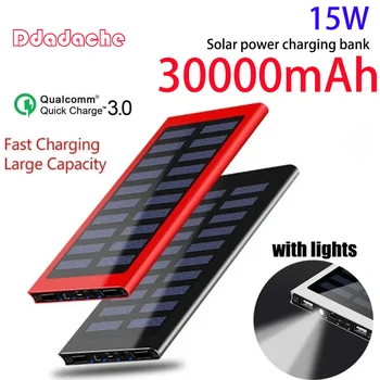 Solar 30000mAh Power Bank Голям капацитет Ултра тънък 9mm с LED светлина Външно слънчево зарядно устройство Travel Powerbank за смартфон