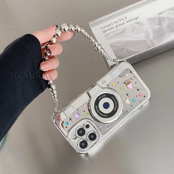 Мода сребърен огледален фотоапарат DIY кристал звезда дизайн мъниста гривна случай за iPhone 13 14 12 11 Pro Max капак телефон аксесоар чанта