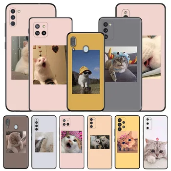 Смешни сладки сладки розови котки силиконови черни калъфи за телефони за Samsung Galaxy A54 5G A04 A03 A34 A01 A02 A50 A70 A40 A30 A20 S A10 E капак