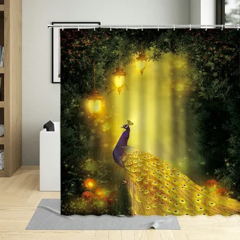 Златни пауни отпечатани баня комплект душ завеса водоустойчив мечта животно елегантен екран за баня за изкуство декор завеси с кука