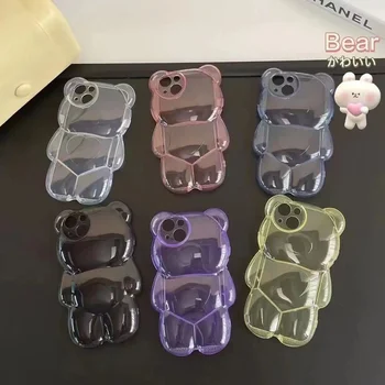 3D Catoon Bear телефон случай за iPhone 13 12 11 Pro Max X Xs Max XR 8 7 плюс бонбони цвят прозрачен капак