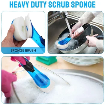 Scrub гъба сапун дозиране ястие четка комплект включва 1 кухненска чиния пръчка четка и пълнител замяна гъба глави