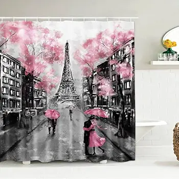 Париж Айфеловата кула розов душ завеса комплект Свети Валентин червени устни подарък баня завеса срещу вода баня декор с куки