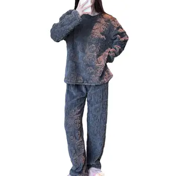 Мека плюшена дамска пижама Уютен зимен пижамен комплект 2-парче Дамско поларно домашно облекло с удебелена топлина Еластична талия за комфорт
