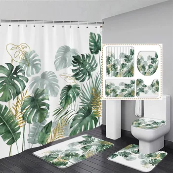 Тропически растителни листа душ завеса комплект акварел зелено злато палмово листо Monstera Начало Баня Декор Баня Мат Тоалетна капак