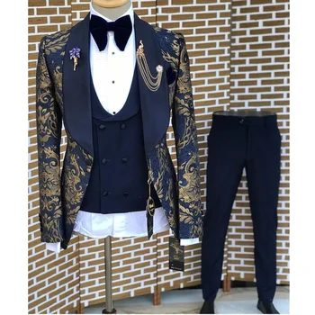 Последен дизайн Морско синьо злато жакард луксозен костюм смокинг мъжки сватба младоженец младоженец тънък годни 3Piece облекло яке + панталони + жилетка