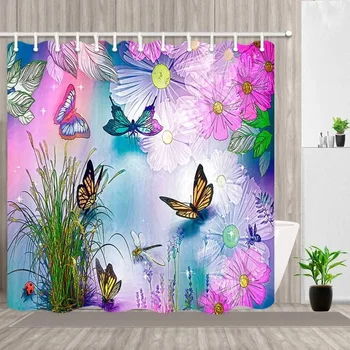 Цветя и растения пеперуда душ завеса комплект цветни скандинавски естествени флорални ръчно рисувани изкуство плат декор баня завеси
