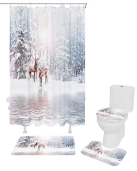 Коледа Горски снежинки Северни елени душ завеса Неплъзгащи килими Капак на капака на тоалетната и подложка за баня Завеси за баня с куки