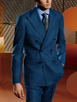 Royal Blue мъжки костюм по поръчка 2 парчета нетактичност панталони двуреден широк ревера хлабав годни бизнес сватба плюс размер съобразени