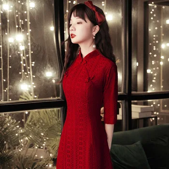 Реколта китайски стил Cheongsam жените дантела Qipao червено лятно парти рокля Mujer Vestidos S-3XL