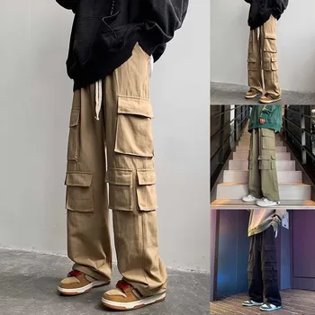 Мъжки мулти джобове работни панталони тенденция нов плътен цвят мулти джобове ластик дизайн прав открит упражнение улично облекло