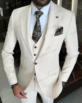 Нови мъже Бизнес костюм младоженец Groomsman Tuxedos Сватбено тържество Официален повод 3 части комплект яке жилетка панталони