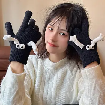 Магнитни смукателни ръчни ръкавици през есента и зимата Bike топло пет пръста сладки ръкавици корейска версия удебелена плетена вълна