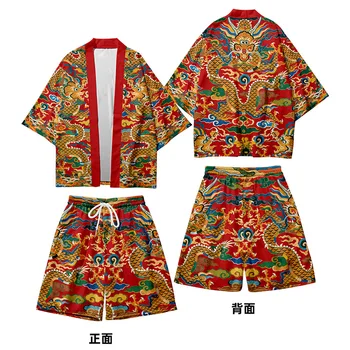 китайски стил две части костюм японски жилетка мъже косплей Yukata Harajuku реколта дракон отпечатани кимоно шорти комплекти Haori