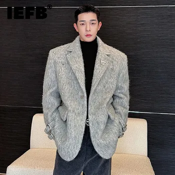 IEFB нит ръкав контур мъжки костюм яке агнешко вълнени палта джоб мъжки блейзъри ниша дизайн корейска мода 2023 зима нов 9C3925