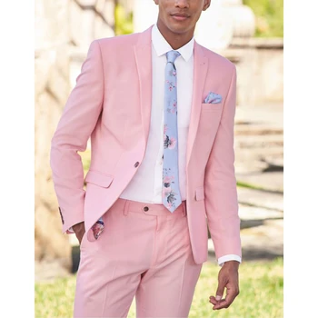 SILIWEYA Летен нов мъжки костюм розов шик еднореден твърд блейзър с панталони мода случайни 2 части официална сватба смокинг