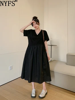 NYFS 2023 лято Нова Корея къс ръкав жена рокля Vestidos роба Elbise хлабав плюс размер v-образно деколте пачуърк дълга рокля