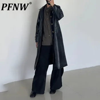 PFNW тъмно облекло мъжки дълго палто PU кожа мъжки реколта плътен цвят коляното дължина тренч яке 2023 зимата нова ветровка 28W1260