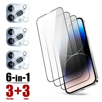 6in 1 9D пълен капак за iPhone 14 плюс 15 закалено стъкло камера обектив за iPhone 13 pro max 12 мини 11 телефон екран протектор