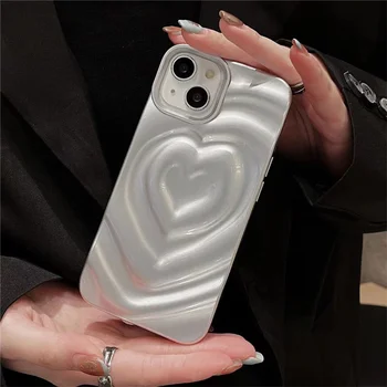 корейски лъскав 3D нагънат любов сърце телефон случай за iPhone 15 14 13 12 Pro Max iPhone 11 бонбони цвят вълна форма мек заден капак