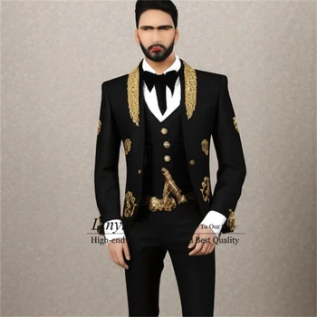 стилен златен бродиран младоженец сватба смокинги 3 парчета комплекти мъже костюм тънък годни абитуриентски блейзъри панталони облекло бизнес костюм Homme