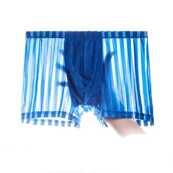Summer Man Sexy Ice Silk Breathable Hollow Transparent Thin Underwear Quick Dry High Elasticity Stripe Middle Waist Boxers