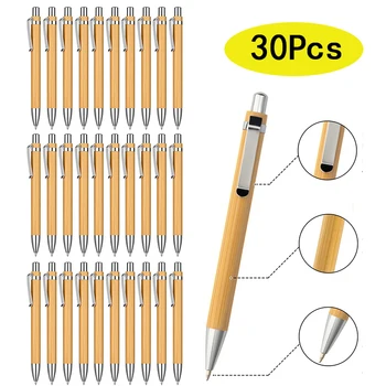 30Pcs бамбукови химикалки дървени прибиращи се химикалки бамбук черно мастило 1mm писалка дървени химикалки за дома офис училище