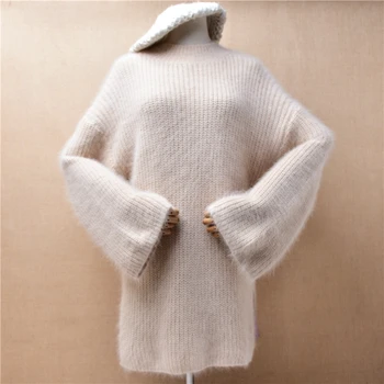 Женски жени есен зимно облекло космати ангора заек коса трикотажни дълги отблясъци ръкави сплит хлабав пуловер пуловер пуловер дръпнете