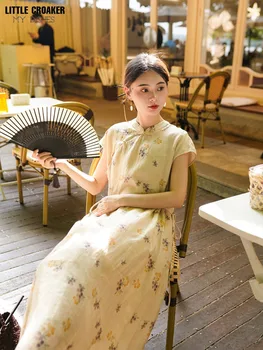 2023 Летни жени Нов китайски стил Cheongsam памук и коноп ретро плоча Chong Sum китайски Qipao рокля