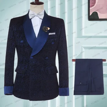 Мъжки костюм по поръчка 2 броя Класически тъмносин жакард сватбен комплект за 2023 г. Slim Fit младоженец Tuxedos костюм Mariage Homme