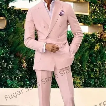 2023 Розови двуредни сватбени костюми за мъже Тънък годни връх ревера младоженец смокинги 2Pieces комплекти мода мъжки блейзър костюм Homme
