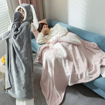  Одеяла с качулка Удобни за пикник пътуване руно носими хвърлят одеяло заек ухо удебелени качулка наметало зимата топло