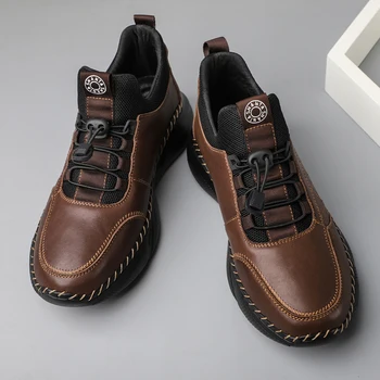 Зимни мъжки ежедневни обувки кожени обувки висококачествени ежедневни спортни удобни плюшени топли кафяви глезена обувки туризъм памучни ботуши