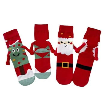 Коледа ръка държи чорапи новост карикатура дърво Дядо Коледа чорапи смешно съвпадение двойка чорапи за жени и мъже