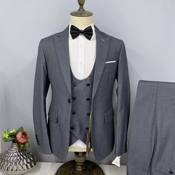 Костюм Homme костюми за мъже Blazer яке панталони жилетка три части сив черен по поръчка пролетта тънък годни сватбен комплект Chaleco 2023