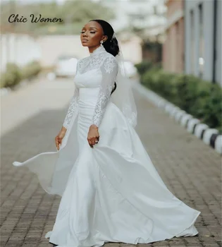Фея минималистична сватбена рокля с полата Влак Южна Нигерия бяла русалка Boho булчински рокли елегантен дълъг ръкав булка