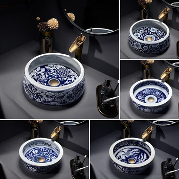 Синьо-бял порцеланов настолен басейн, имитиращ ретро умивалник за изкуство, нов китайски стил керамичен умивалник, единична мивка
