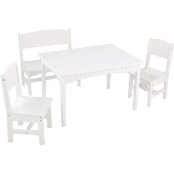Nantucket дървена маса с пейка и 2 стола, детски мебели - бяла, подарък за възраст 3-8