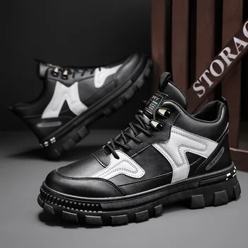 Нови високи обувки за мъже Кожени обувки с дантела Дебела подметка добавя височина Мъжки ботуши мотоциклетни ботуши целосезонни обувки