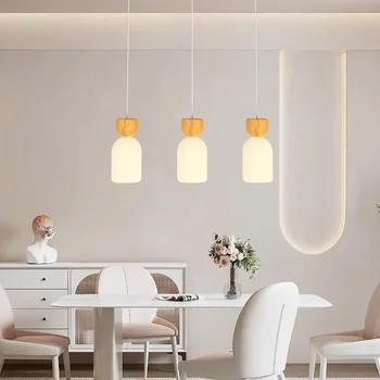 Nordic LED стъклен полилей Единична глава / многоглава японски дървен крем стъклени висулки светлини Трапезарии Cafe Bar B &B Home Decor